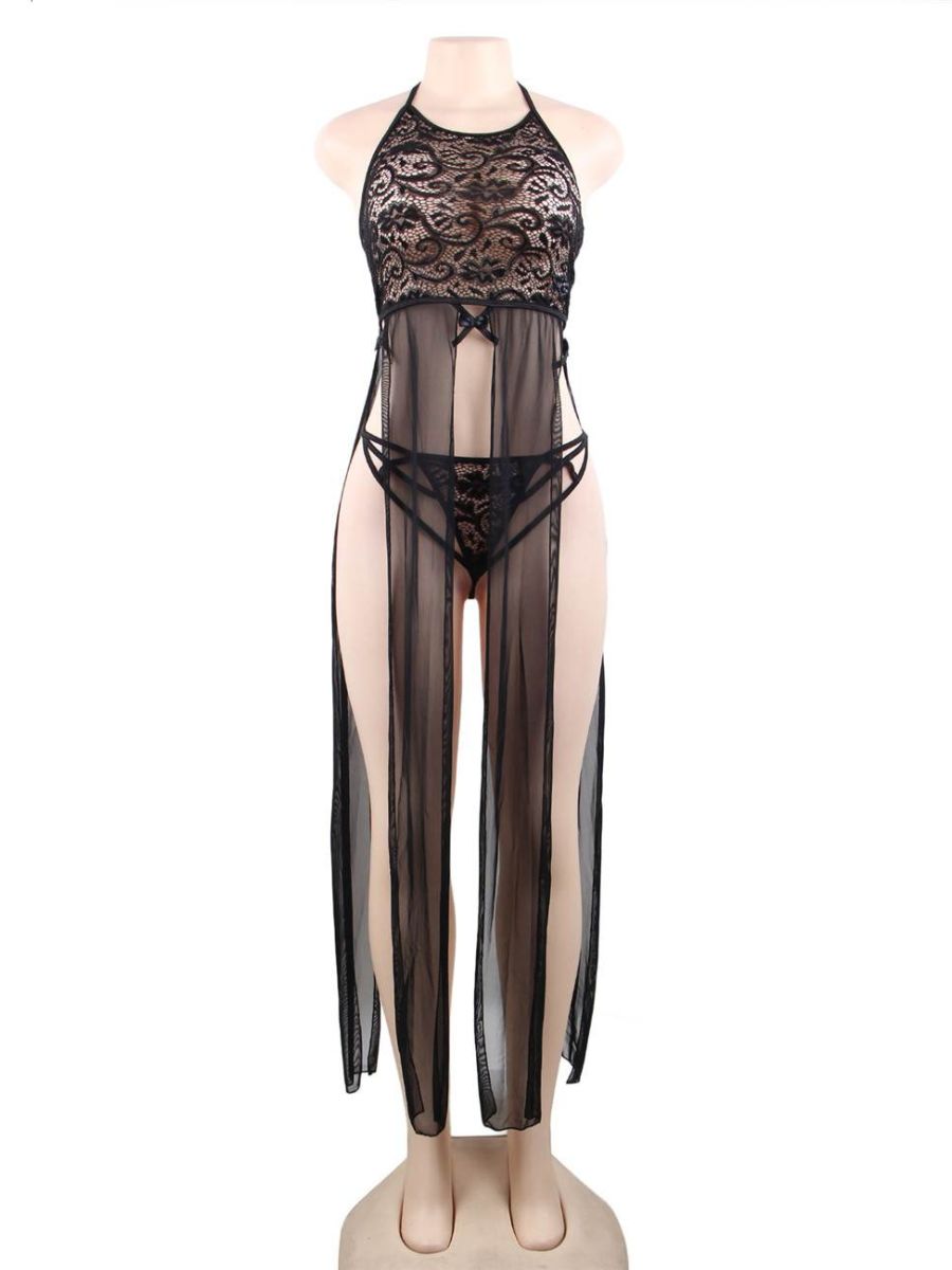 Μαύρο δαντελένιο νυχτικό με ανοίγματα plus size – Juicy String