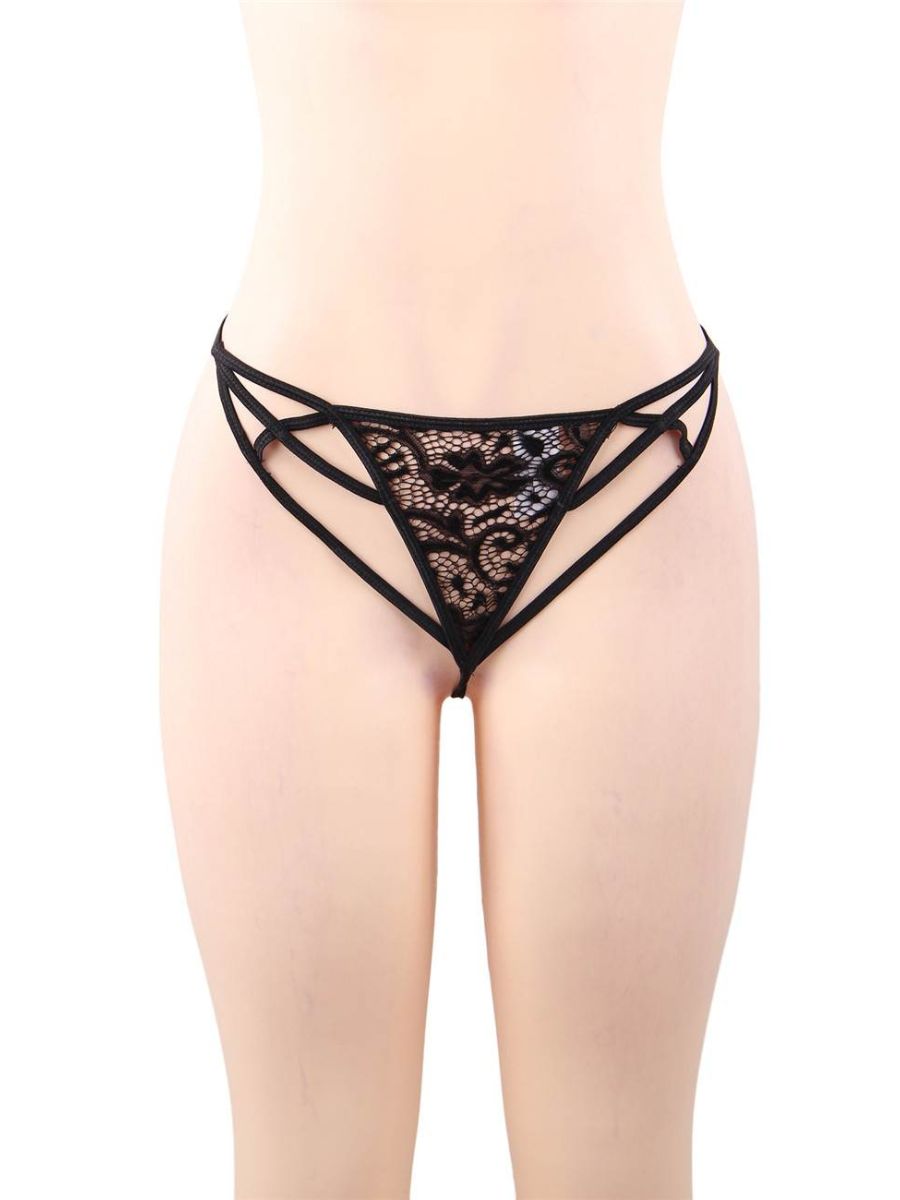Μαύρο δαντελένιο νυχτικό με ανοίγματα plus size – Juicy String