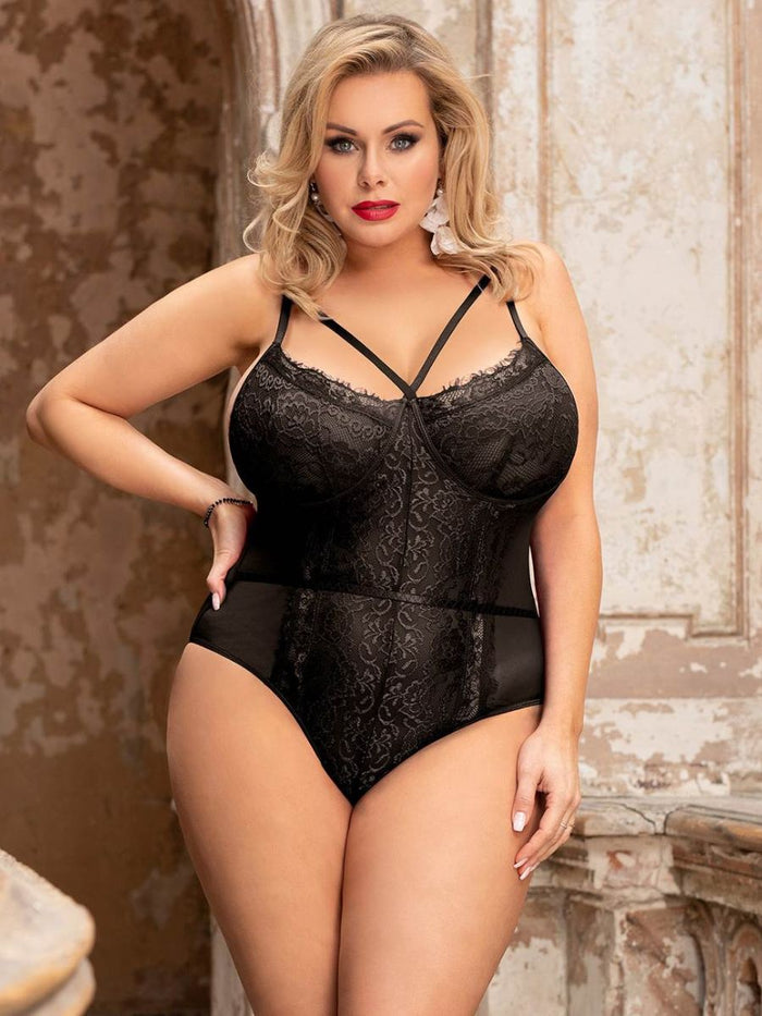 Μαύρο Κορμάκι με Δαντέλα Χωρίς Μπανέλα Plus Size