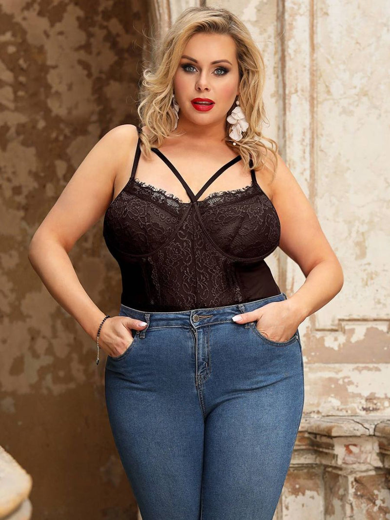 Μαύρο Κορμάκι με Δαντέλα Χωρίς Μπανέλα Plus Size