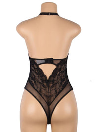 Μαύρο Σέξι Plus Size Teddy με Floral Δαντέλα, Ανοιχτή Πλάτη και Φερμουάρ