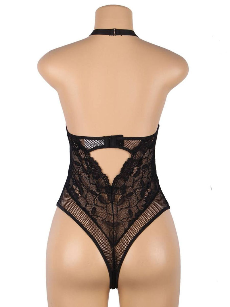 Μαύρο Σέξι Plus Size Teddy με Floral Δαντέλα, Ανοιχτή Πλάτη και Φερμουάρ