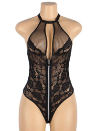 Μαύρο Σέξι Plus Size Teddy με Floral Δαντέλα, Ανοιχτή Πλάτη και Φερμουάρ