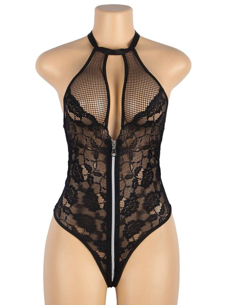 Μαύρο Σέξι Plus Size Teddy με Floral Δαντέλα, Ανοιχτή Πλάτη και Φερμουάρ