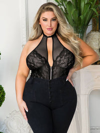 Μαύρο Σέξι Plus Size Teddy με Floral Δαντέλα, Ανοιχτή Πλάτη και Φερμουάρ