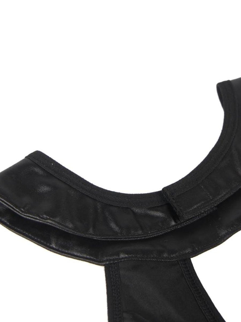 Μαύρο Σέξι Δερμάτινο Φόρεμα Halter Plus Size με Δαντέλα και Ζαρτιέρες