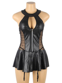 Μαύρο Σέξι Δερμάτινο Φόρεμα Halter Plus Size με Δαντέλα και Ζαρτιέρες