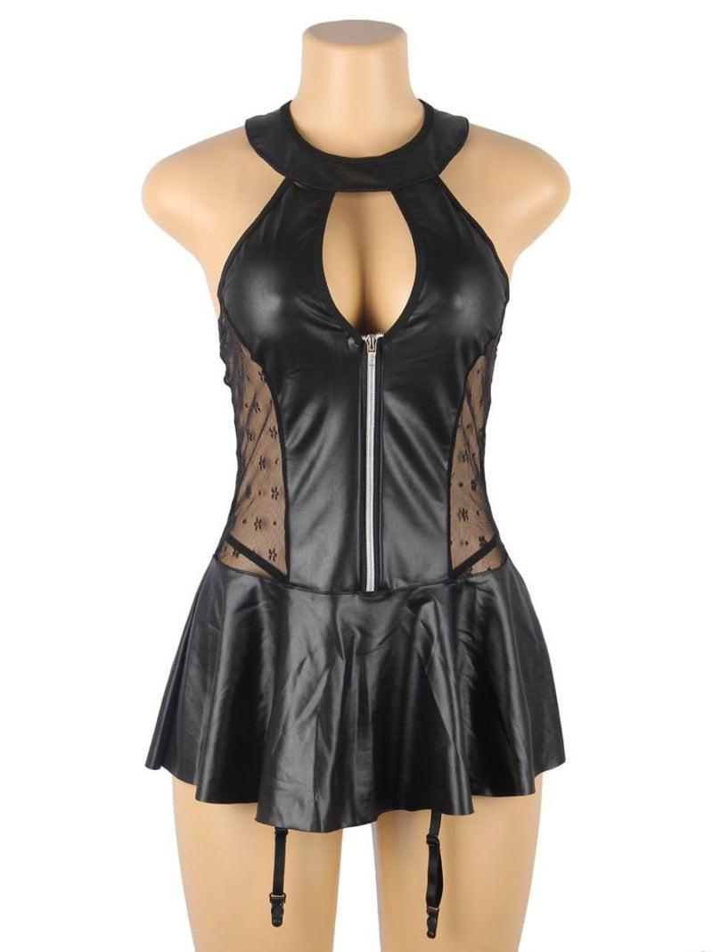 Μαύρο Σέξι Δερμάτινο Φόρεμα Halter Plus Size με Δαντέλα και Ζαρτιέρες