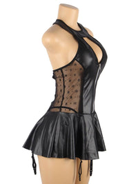 Μαύρο Σέξι Δερμάτινο Φόρεμα Halter Plus Size με Δαντέλα και Ζαρτιέρες