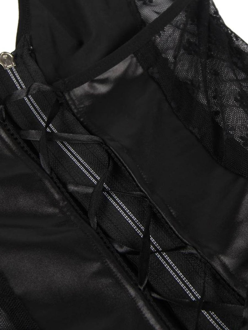 Μαύρο Σέξι Δερμάτινο Φόρεμα Halter Plus Size με Δαντέλα και Ζαρτιέρες