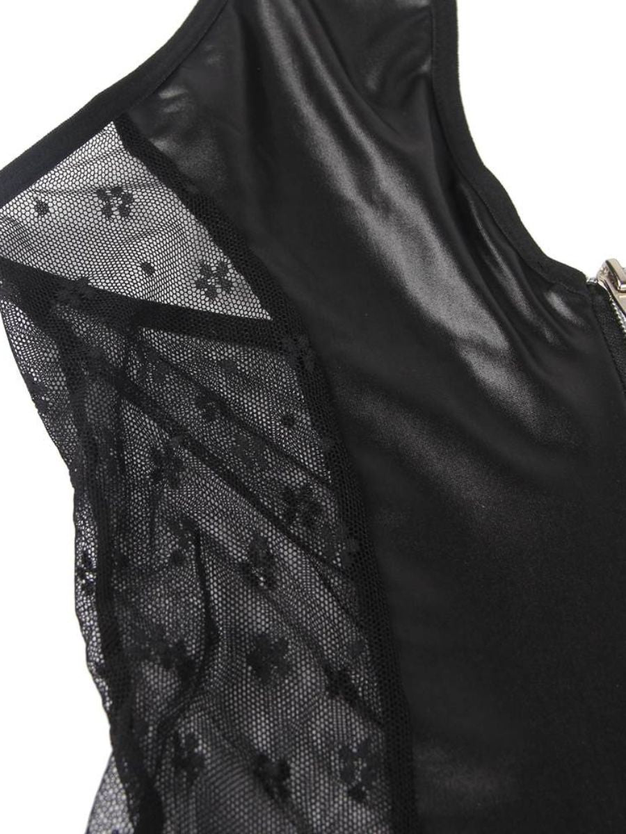 Μαύρο Σέξι Δερμάτινο Φόρεμα Halter Plus Size με Δαντέλα και Ζαρτιέρες