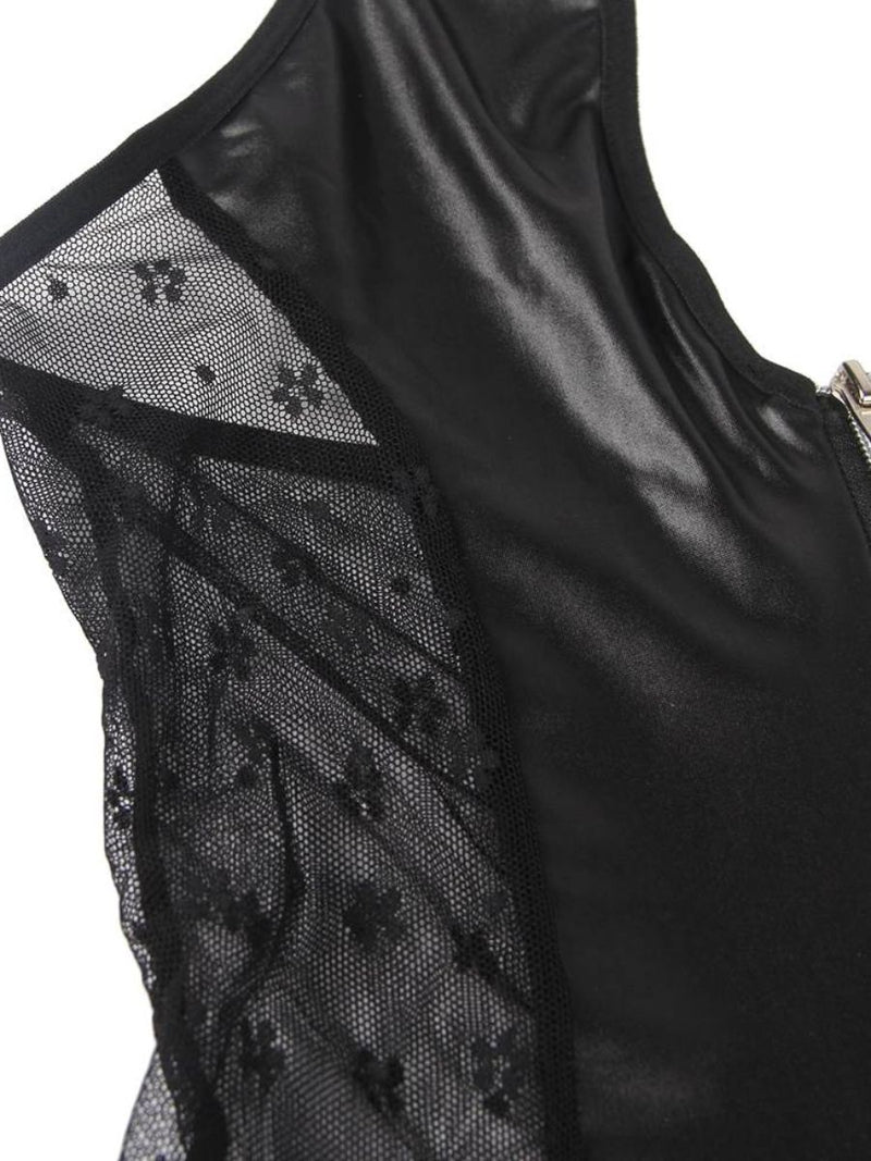 Μαύρο Σέξι Δερμάτινο Φόρεμα Halter Plus Size με Δαντέλα και Ζαρτιέρες