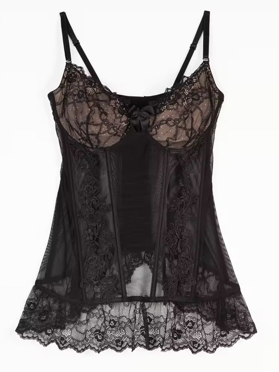 Δαντελένιος Κορσές-Babydoll Plus Size με Ασορτί String
