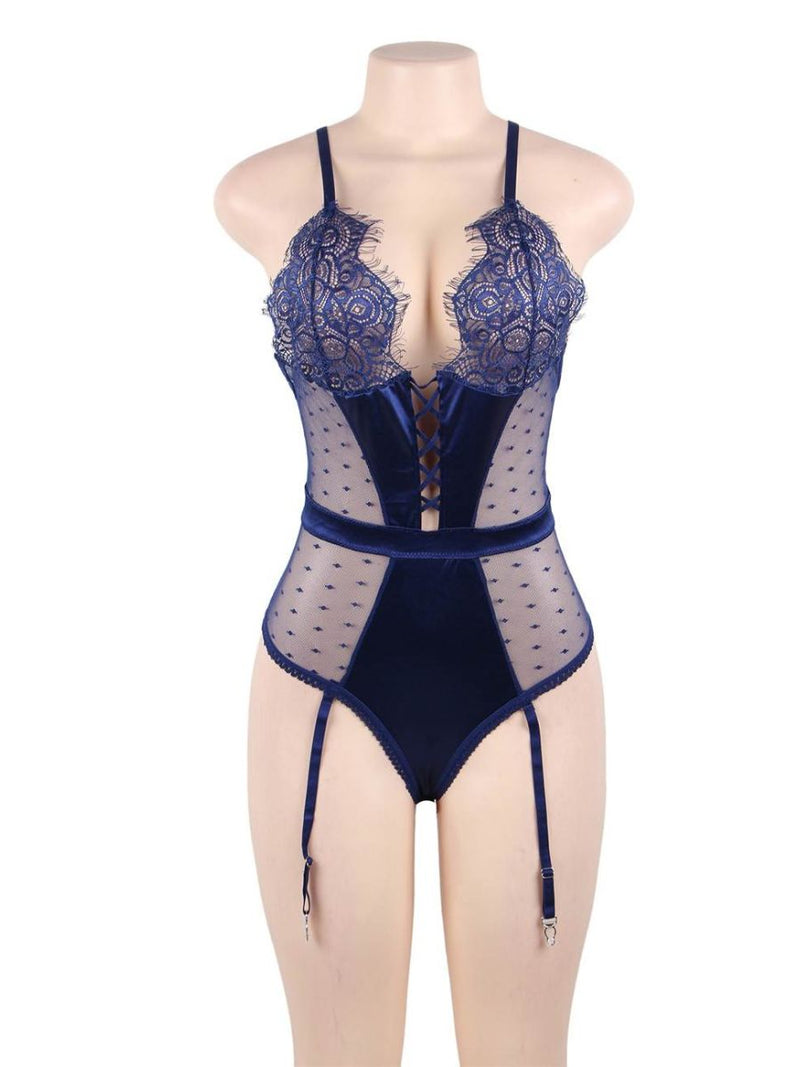 Μπλε Πολυτελές Σατέν Κορμάκι με Δαντέλα Plus Size