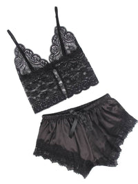 Άνετο Μαύρο Σετ Babydoll από Μετάξι και Δαντέλα