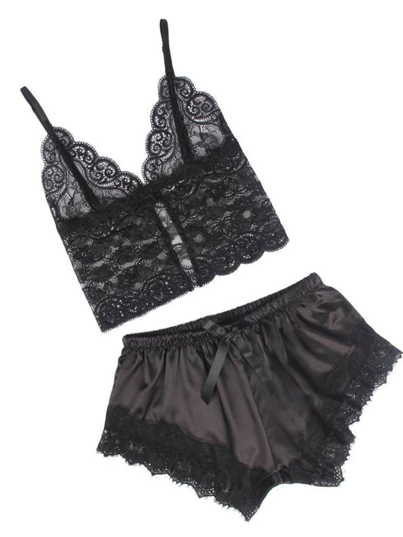 Άνετο Μαύρο Σετ Babydoll από Μετάξι και Δαντέλα