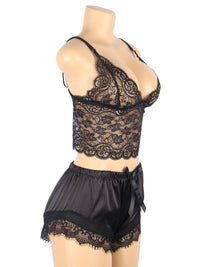 Άνετο Μαύρο Σετ Babydoll από Μετάξι και Δαντέλα