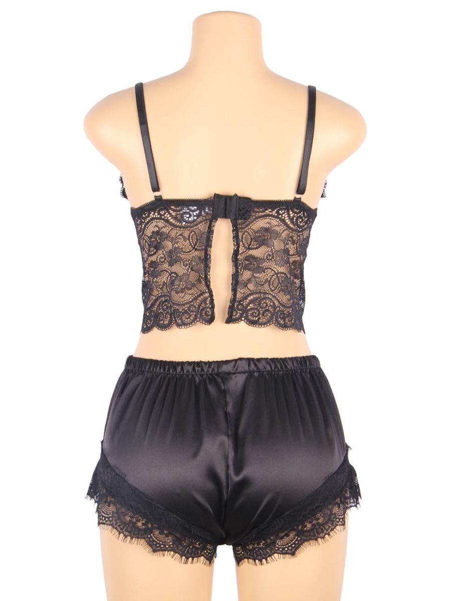 Άνετο Μαύρο Σετ Babydoll από Μετάξι και Δαντέλα