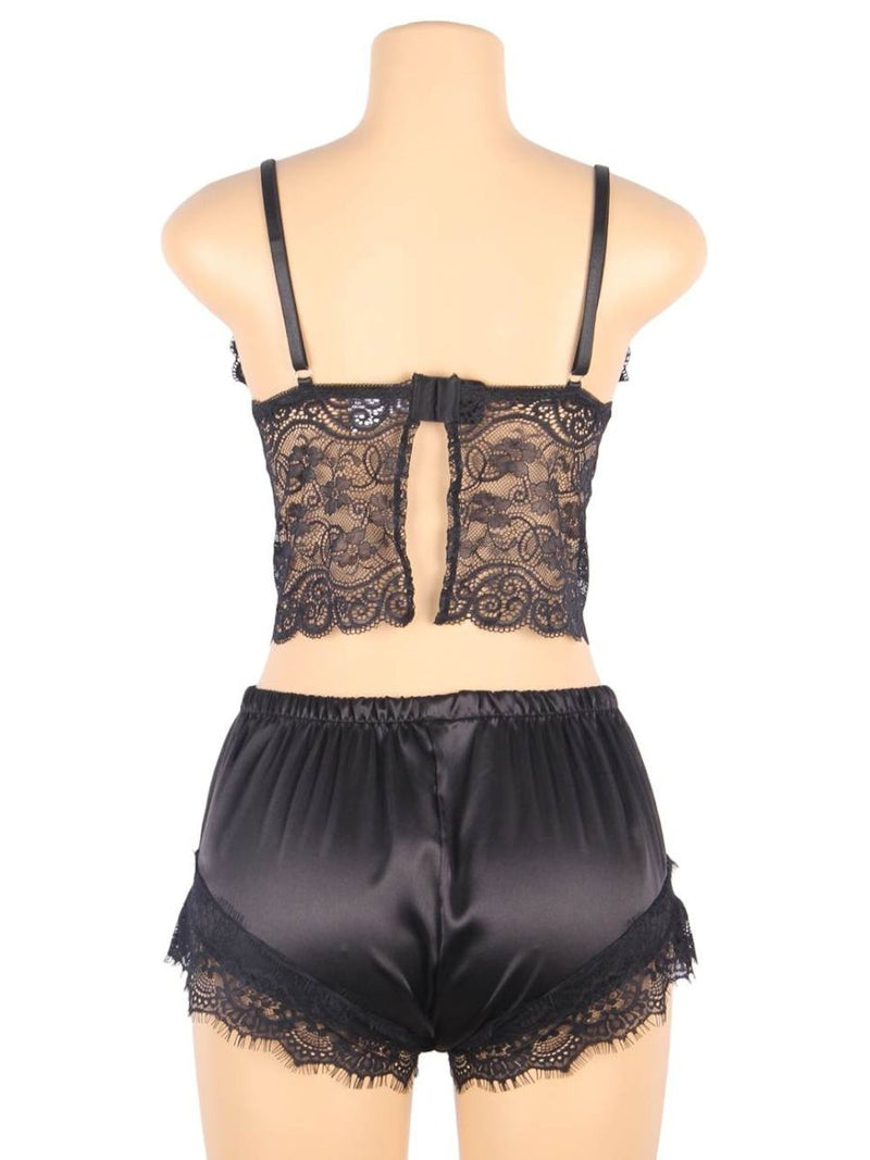 Άνετο Μαύρο Σετ Babydoll από Μετάξι και Δαντέλα