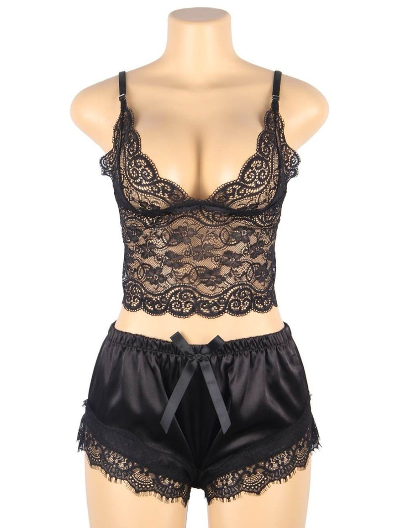 Άνετο Μαύρο Σετ Babydoll από Μετάξι και Δαντέλα