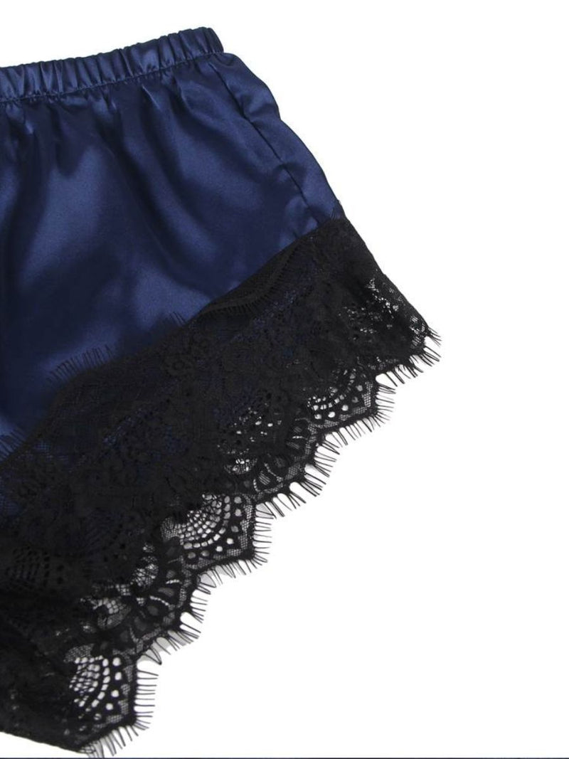 Άνετο Μαύρο-Μπλε Σετ Babydoll από Μετάξι και Δαντέλα