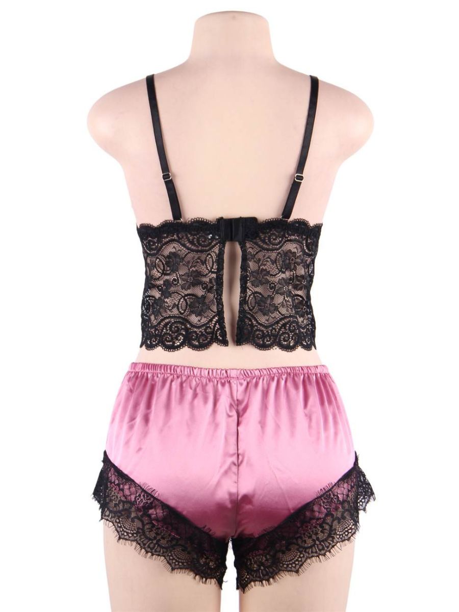 Ροζ σατέν σετ πιτζάμας με δαντελωτό camisole και σορτσάκι – Juicy String