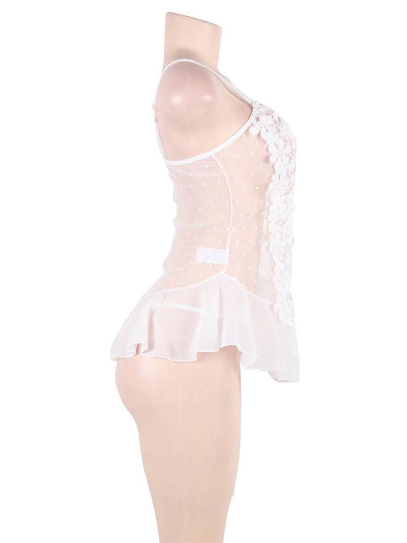 Λευκό Σέξι Πουά Babydoll με Δαντέλα