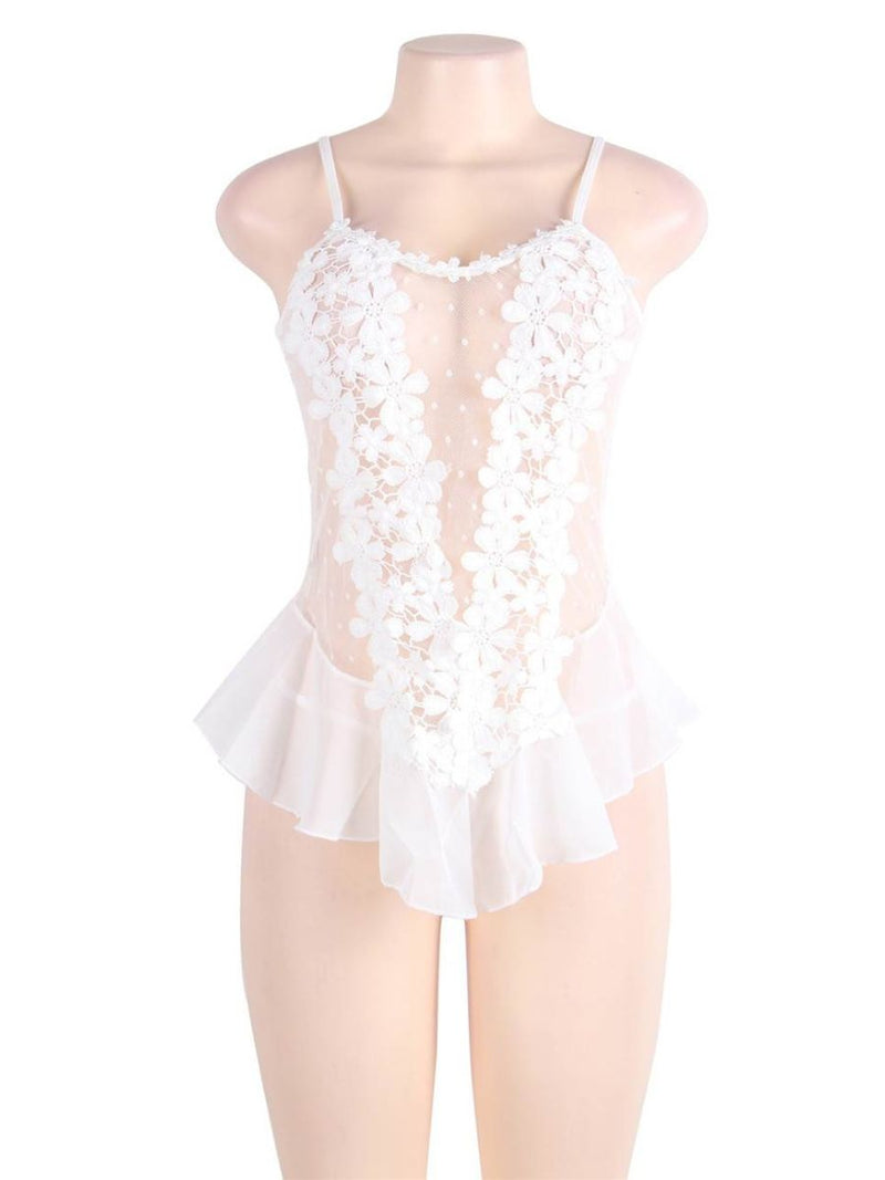 Λευκό Σέξι Πουά Babydoll με Δαντέλα