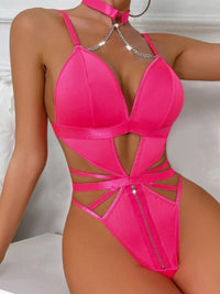Μαύρο - Φούξια κορμάκι με φερμουάρ, halter design και μεταλλικές αλυσίδες – Juicy String