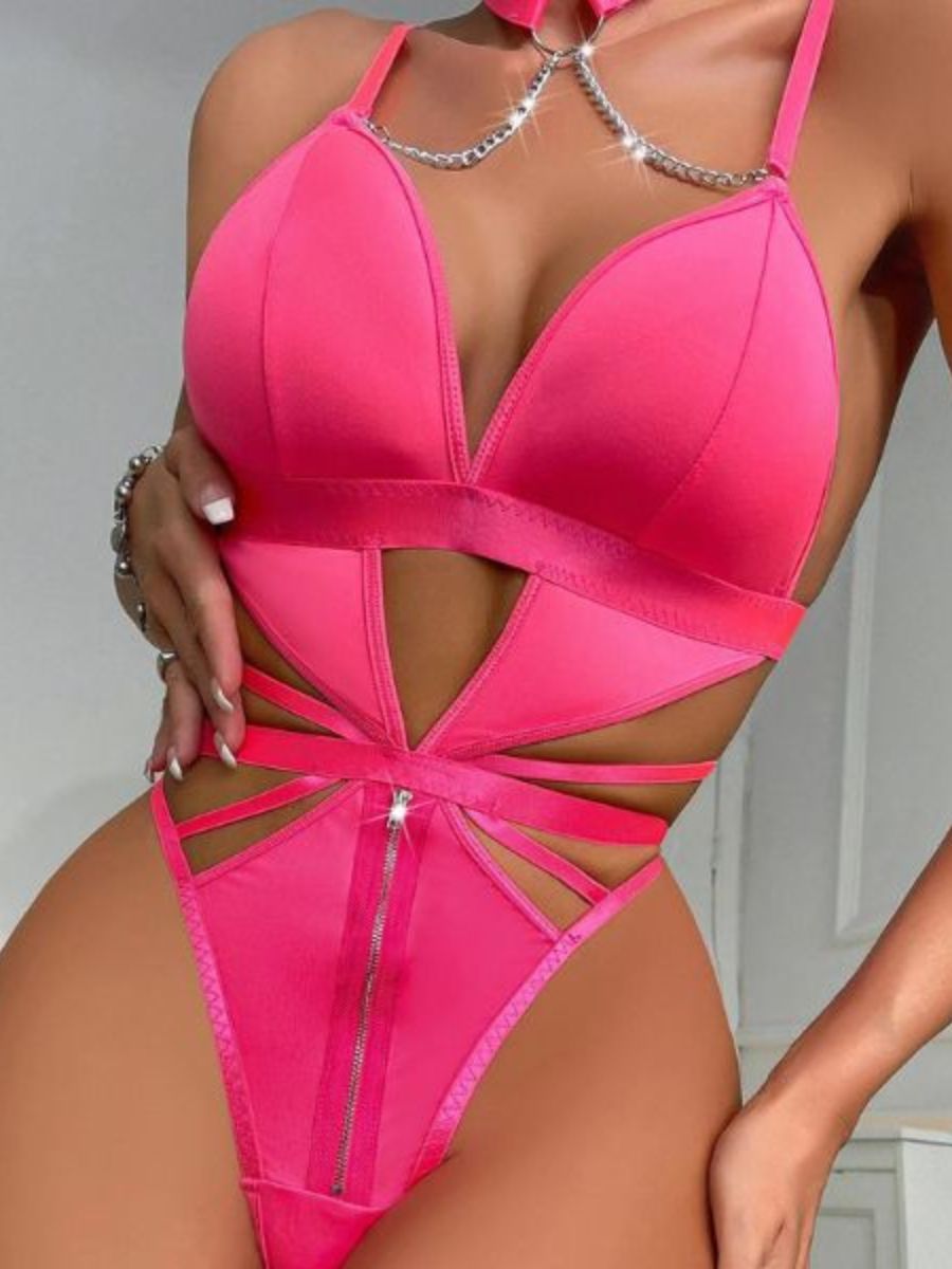 Μαύρο - Φούξια κορμάκι με φερμουάρ, halter design και μεταλλικές αλυσίδες – Juicy String
