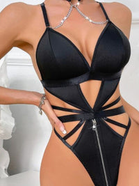 Μαύρο - Φούξια κορμάκι με φερμουάρ, halter design και μεταλλικές αλυσίδες – Juicy String