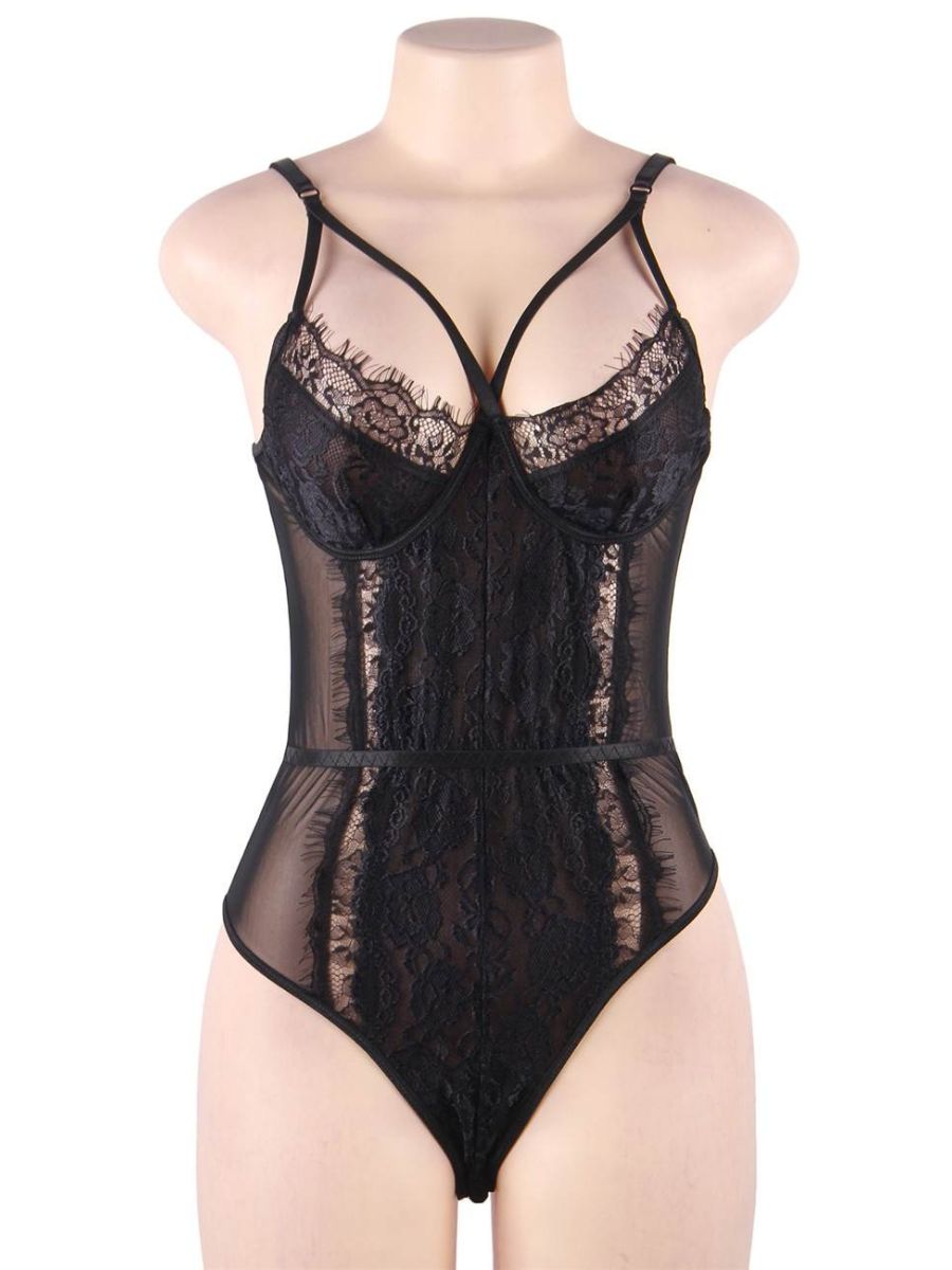 Μαύρο Κορμάκι με Δαντέλα Χωρίς Μπανέλα Plus Size