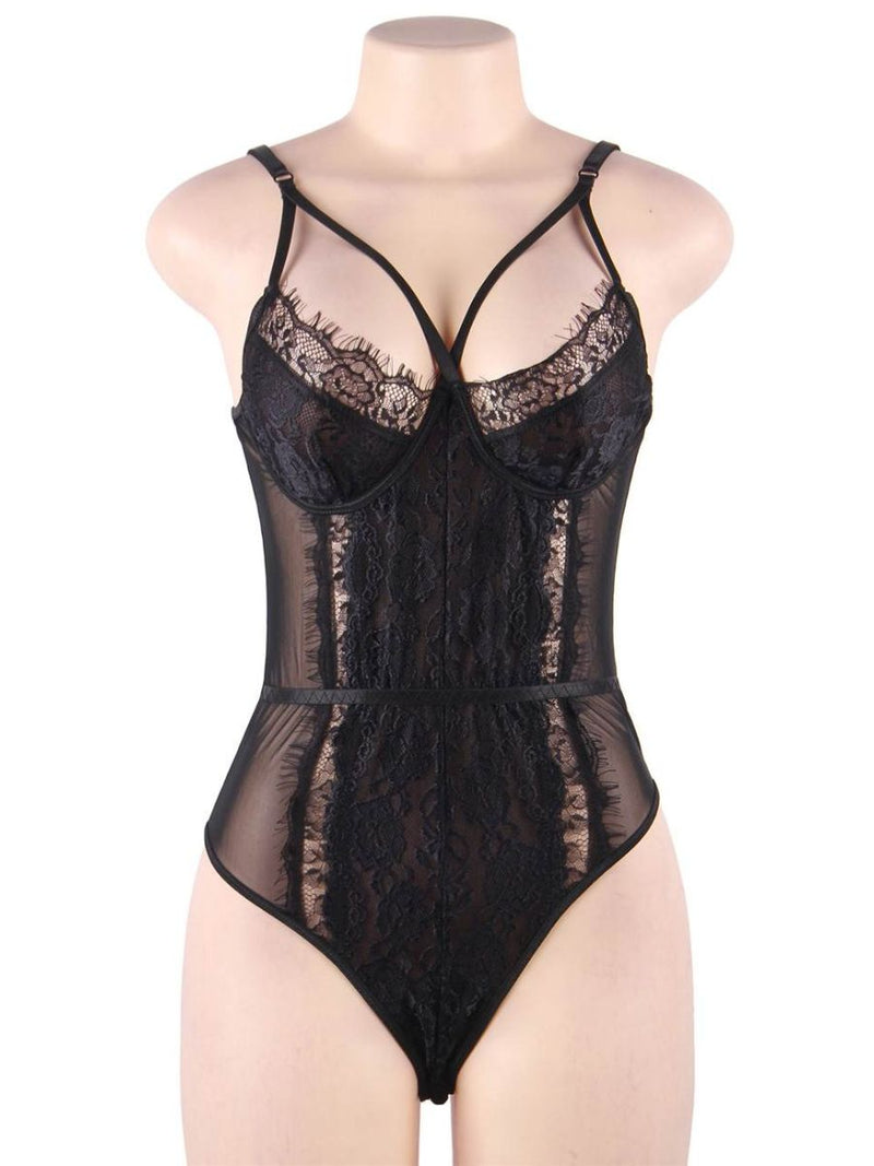 Μαύρο Κορμάκι με Δαντέλα Χωρίς Μπανέλα Plus Size