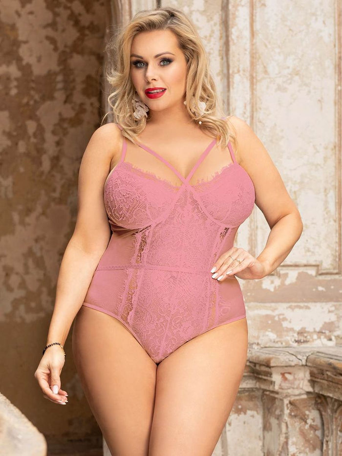 Ροζ Κορμάκι Plus Size από Διαφάνεια και Δαντέλα