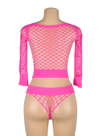 Ροζ Μακρυμάνικο Σετ με Δίχτυ Crop Top και Σορτς