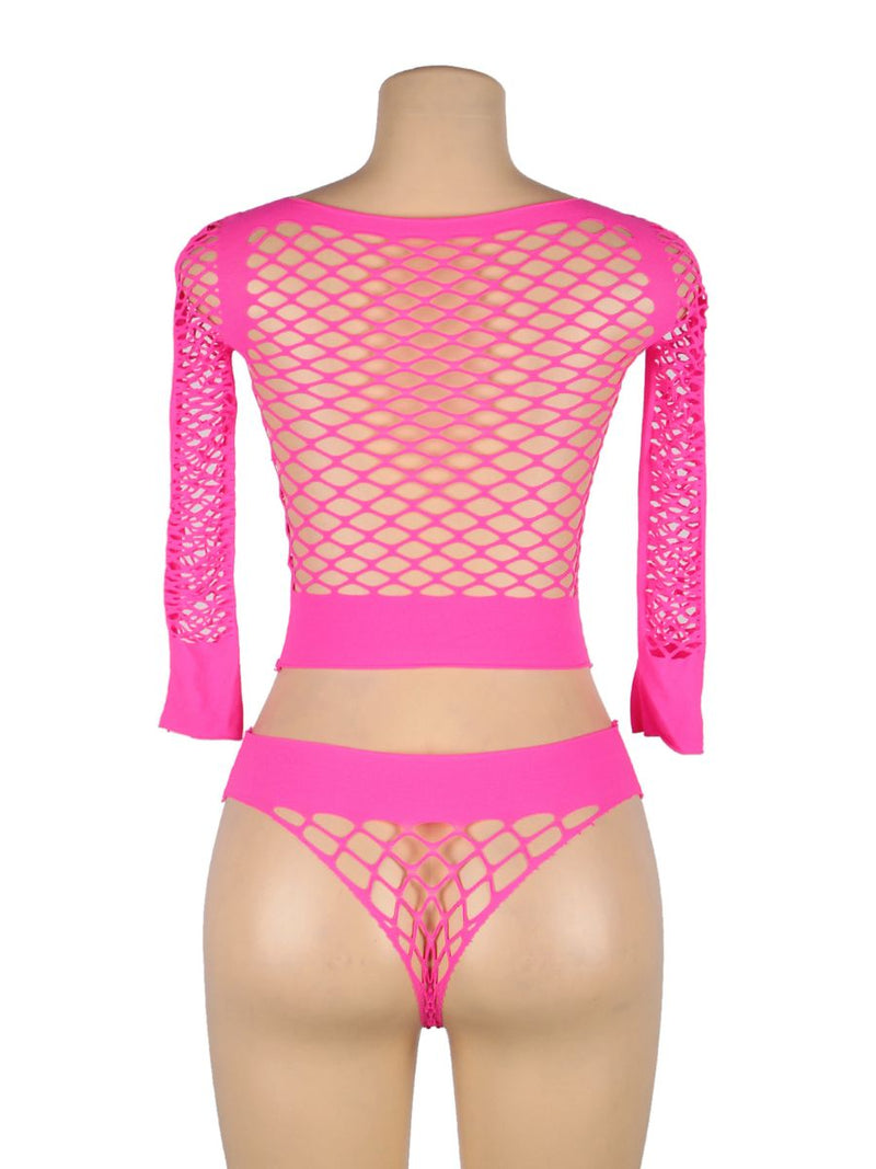 Ροζ Μακρυμάνικο Σετ με Δίχτυ Crop Top και Σορτς