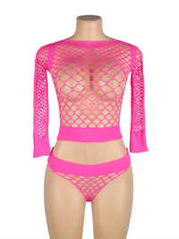 Ροζ Μακρυμάνικο Σετ με Δίχτυ Crop Top και Σορτς