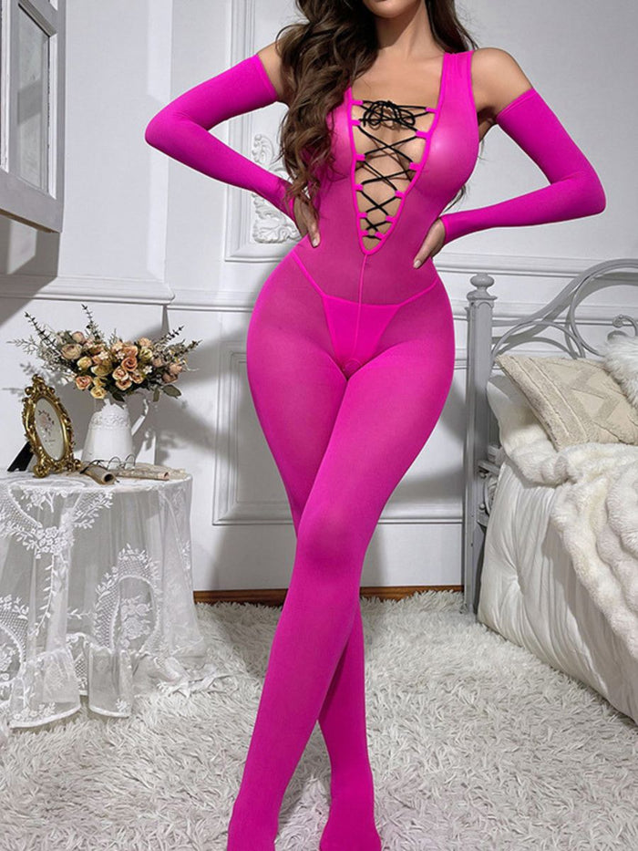 Φούξια Ολόσωμη Φόρμα Bodystocking με Γάντια
