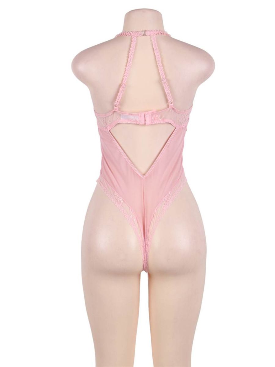 Ροζ Δαντελωτό Κορμάκι Plus Size με Διαφάνειες - Juicy String