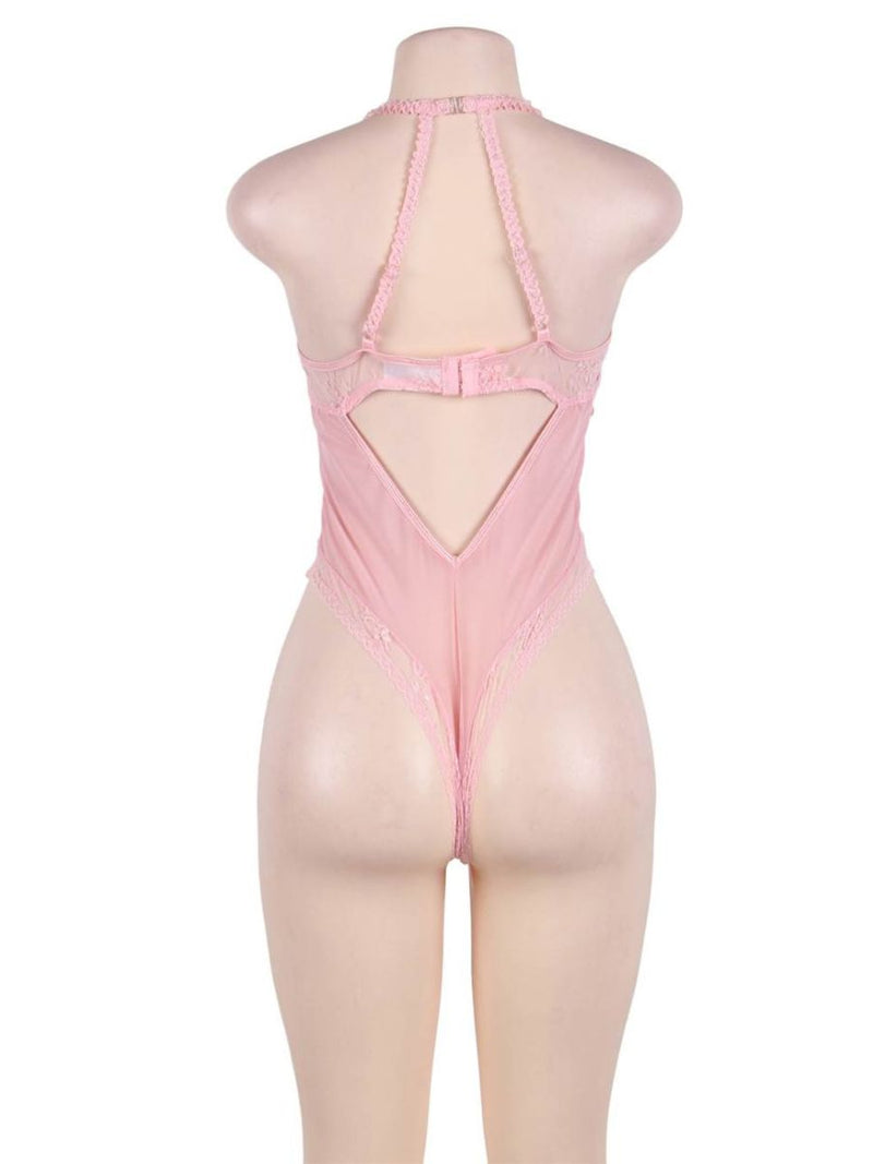 Ροζ Δαντελωτό Κορμάκι Plus Size με Διαφάνειες - Juicy String