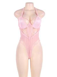 Ροζ Δαντελωτό Κορμάκι Plus Size με Διαφάνειες - Juicy String