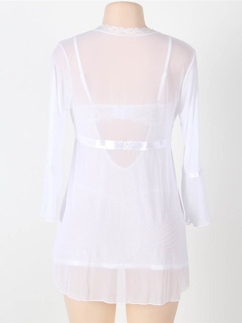 Λευκό Σετ Babydoll Με Ρόμπα Από Διαφάνεια