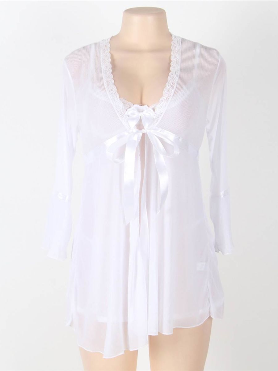 Λευκό Σετ Babydoll Με Ρόμπα Από Διαφάνεια