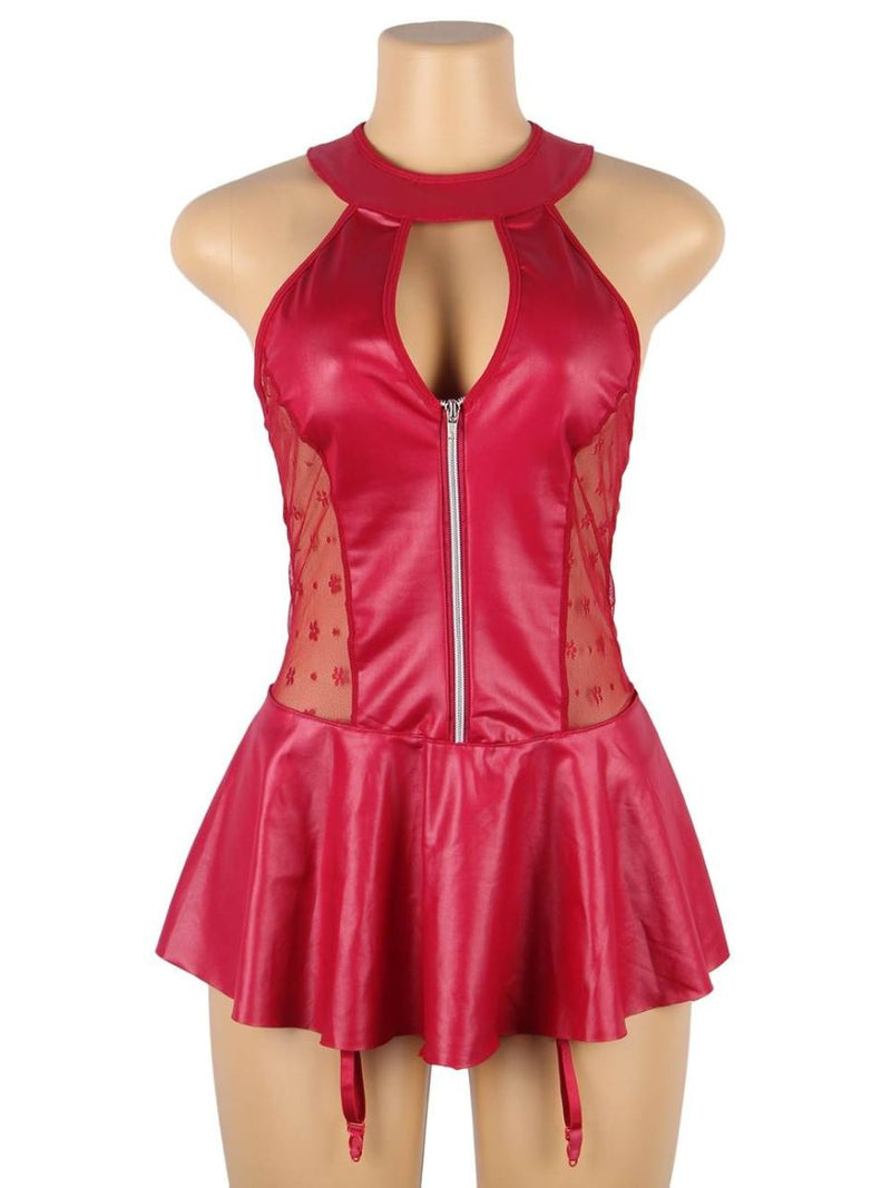 Κόκκινο Σέξι Δερμάτινο Φόρεμα Halter με Δαντέλα Plus Size