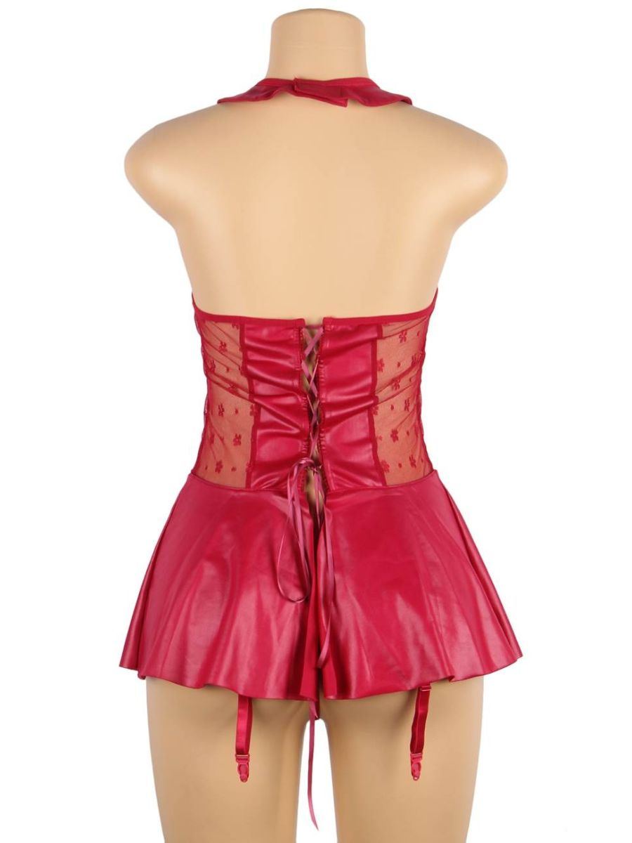 Κόκκινο Σέξι Δερμάτινο Φόρεμα Halter με Δαντέλα Plus Size