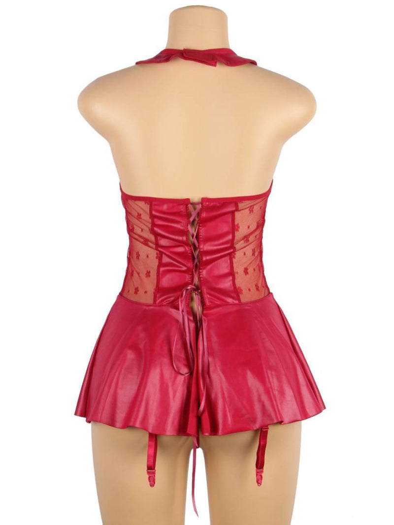 Κόκκινο Σέξι Δερμάτινο Φόρεμα Halter με Δαντέλα Plus Size