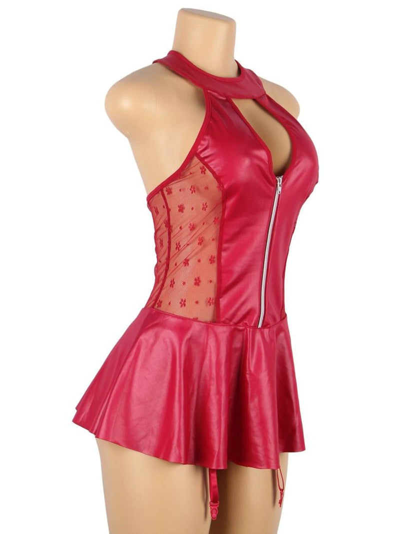 Κόκκινο Σέξι Δερμάτινο Φόρεμα Halter με Δαντέλα Plus Size