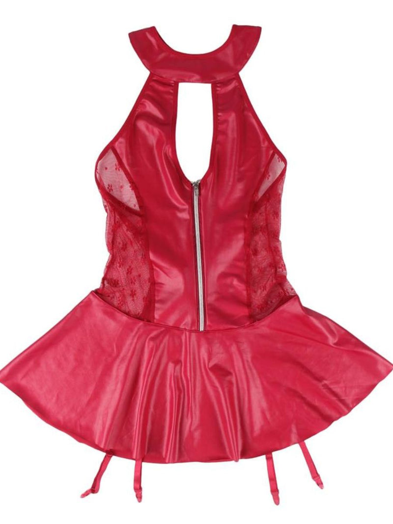 Κόκκινο Σέξι Δερμάτινο Φόρεμα Halter με Δαντέλα Plus Size