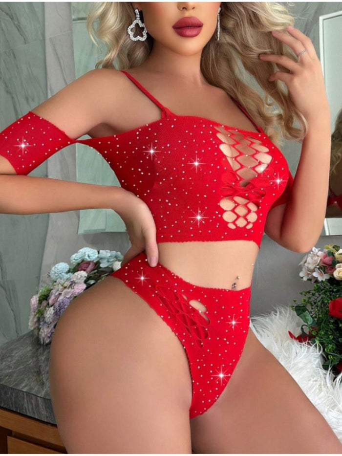 Bodystocking Σετ με Strass Top και Brazil Slip