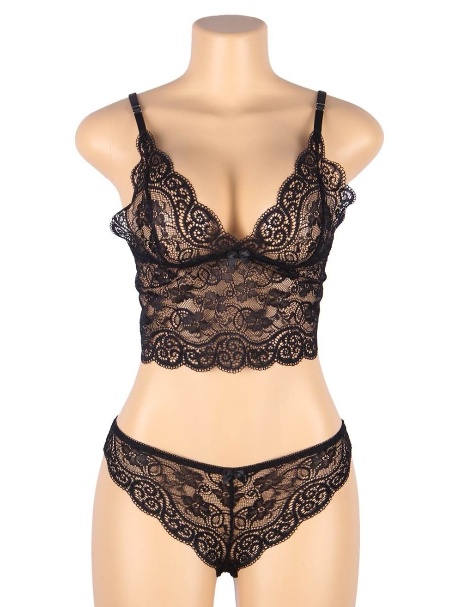 Σέξι Μαύρο Σετ Babydoll Μεταξωτό με Δαντέλα Plus Size
